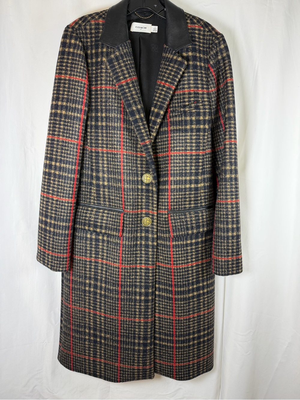 New Coach Heritage Plaid Long Coat with Leather Collar Size 6 – New Without Tag
